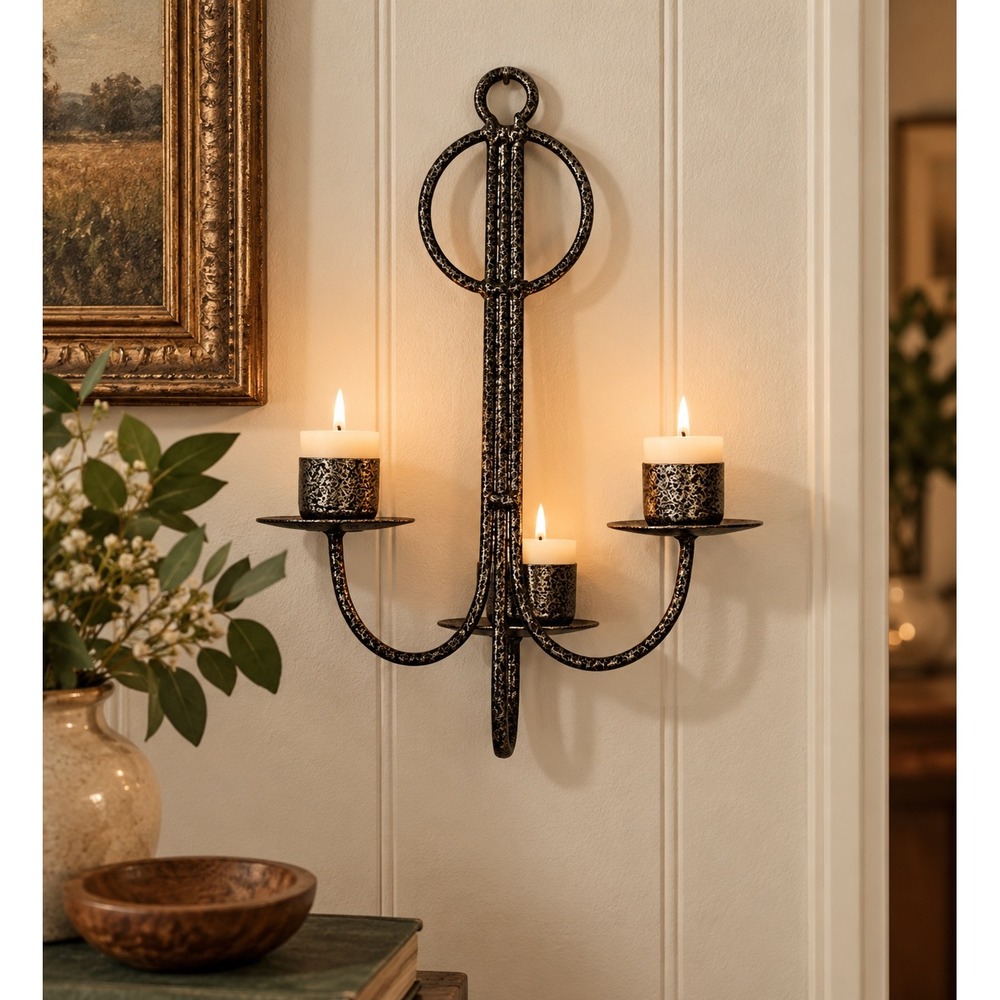 Metal Wall Sconce Candle Holder – Hammered Pewter Finish – Rustic Vintage Style